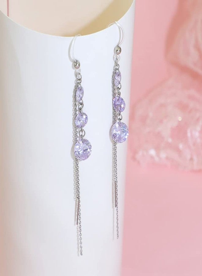 KMEOSCH Plastic Earrings,KMEOSCH Stylish and Comfortable Plastic Drop Earrings with Hypoallergenic Hooks for Sensitive Ears - Purple Cubic Zircon Dangle and Tassel - Image 4